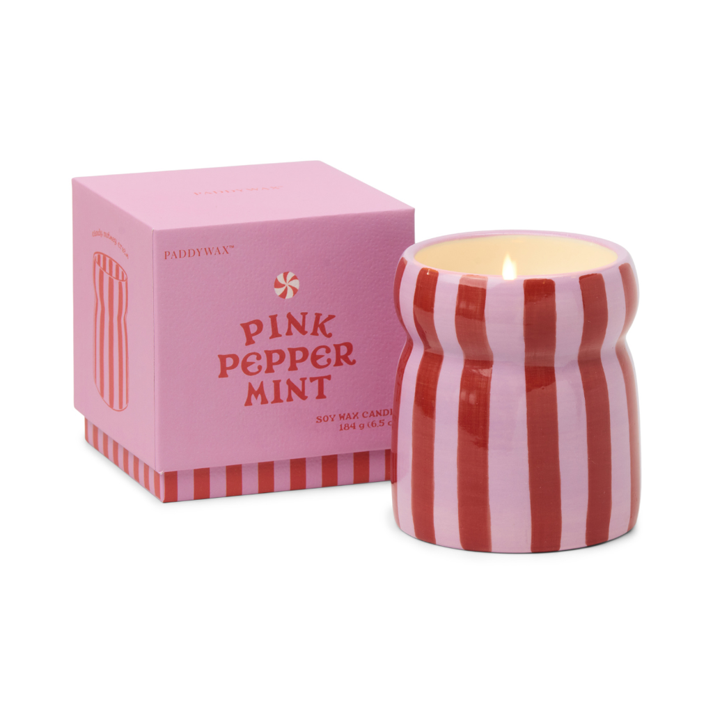 Pink Peppermint Striped Ceramic Candle